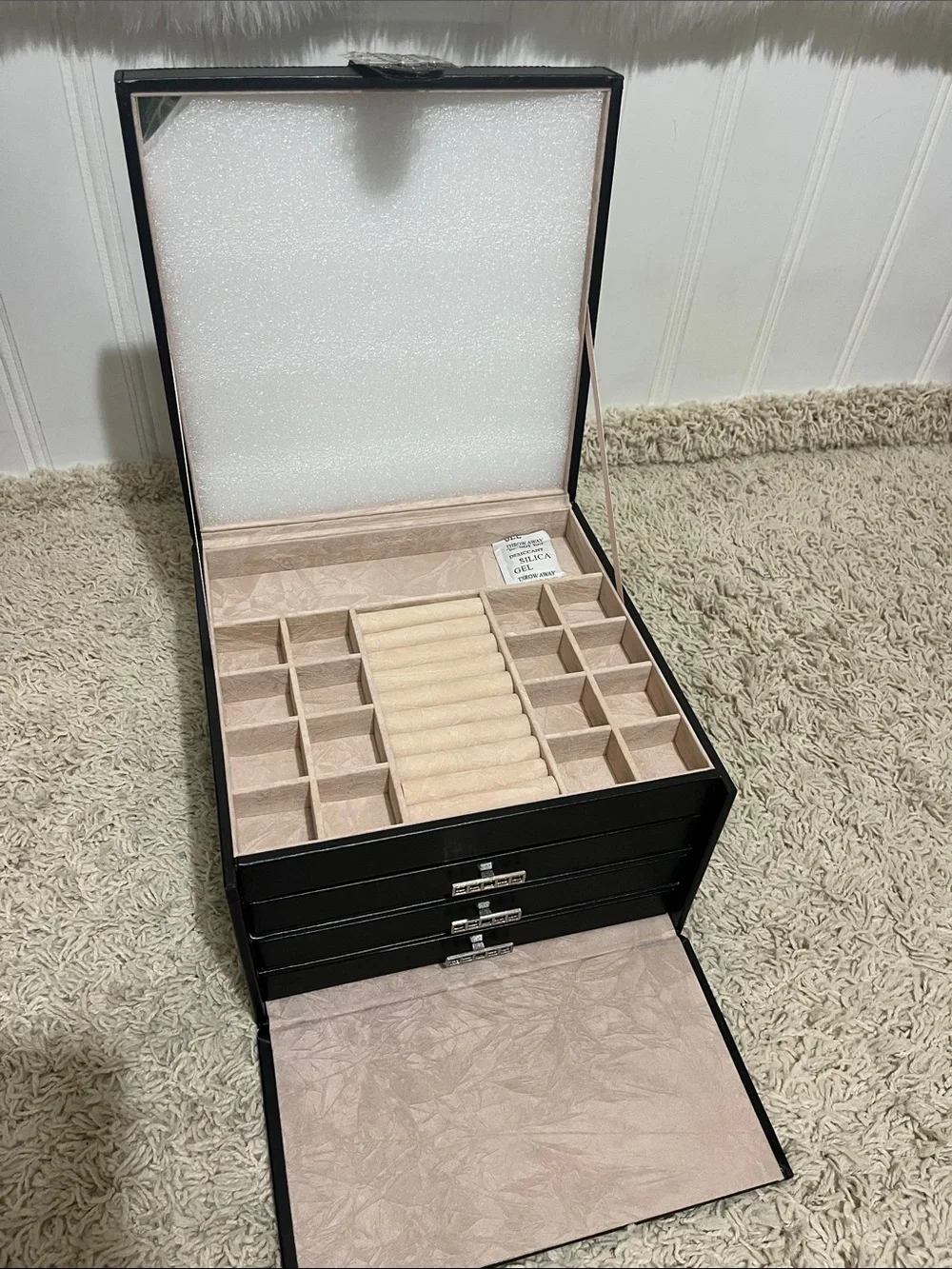 Black Jewelry Organizer Box with Beige Velvet Interior